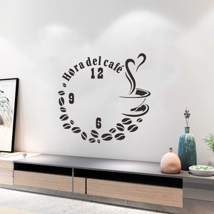 Detail of creative coffee clock wall sticker with coffee beans and cup design