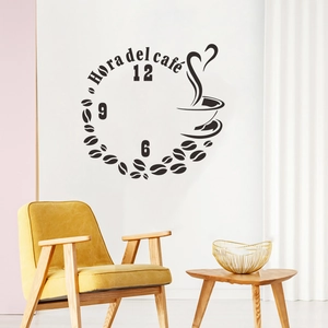 Creative coffee time wall sticker featuring cups and clock elements for shop window decor