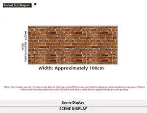 Detailed size chart for vintage red-brown brick wall sticker showing 45cm x 100cm dimensions