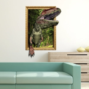 3D Realistische Dinosaurier Wandaufkleber Mit Goldrahmen Mauerdurchbruch Effekt PVC Wald Mural Für Kinderzimmer