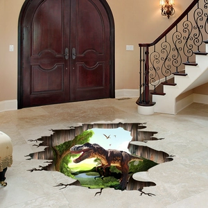 Sticker mural 3D T-Rex jurassique avec scène de jungle pour décoration de sol maison