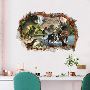 Vinilo decorativo 3D efecto agujero con dinosaurios y T-Rex para pared de cuarto