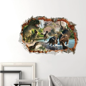 Vinilo decorativo dinosaurio 3D con T-Rex y selva para una decoración de pared realista