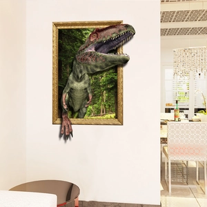 3D Dinosaurier Wandtattoo Jurassic T-Rex bricht aus goldenem Rahmen für Wohnzimmer