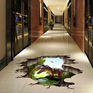Sticker de sol 3D Tyrannosaurus Rex avec jungle préhistorique et effet de sol brisé