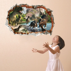 Vinilo decorativo 3D efecto roto de dinosaurio con bosque jurásico para niños