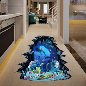 3D Ozean Bodenaufkleber mit Delfinen und Schildkröten durch rissigen Bodeneffekt