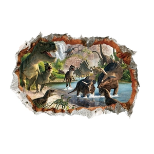 Vinilo decorativo 3D de dinosaurios T-Rex y selva atravesando la pared con efecto realista