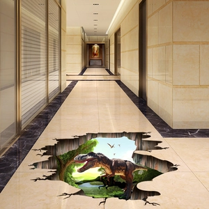 Sticker de sol dinosaure T-Rex 3D avec scène réaliste du Jurassique pour décor mural