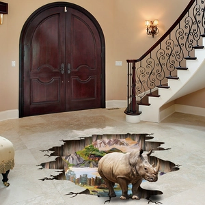 3D rhino floor sticker with realistic nature landscape and broken ground visual effect