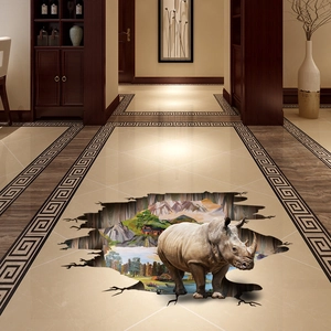 Self-adhesive 3D rhino floor decal with natural landscape and broken ground effect