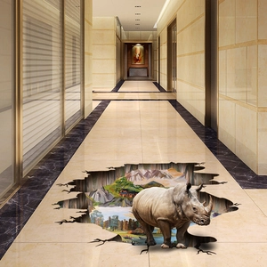 3D realistic rhinoceros wall and floor sticker with a natural landscape breaking effect
