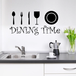 Adesivo murale cucina in vinile nero con sagome di posate e scritta Dining Time moderna