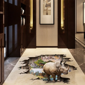3D Rhino Animal Floor Wall Sticker Creative Broken Wall Nature Landscape Removable PVC Self Adhesive Decor For Living Room Hotel