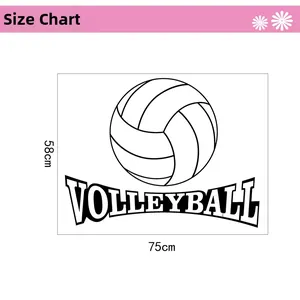 Detailed size chart showing the 75x58cm dimensions of the volleyball wall sticker decal