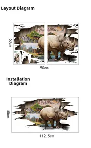 3D rhino wall sticker layout and assembly view measuring 60x90cm and 55x112.5cm