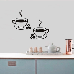 Detalle de vinilos de tazas de café en negro mate para decoración de cocina moderna