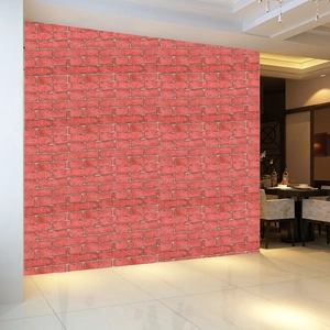 Detail of red 3D faux brick self-adhesive wallpaper in a modern dining room setting