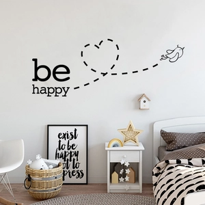 Be Happy Bird Heart Flight Path Wall Sticker Removable Black PVC Vinyl Art Decal For Living Room Bedroom Home Decor Decorating