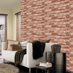 Detailed view of vintage reddish-brown 3D faux brick wallpaper in a living room setting