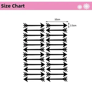 Size chart for arrow wall stickers showing individual 10cm x 2.5cm black decal dimensions