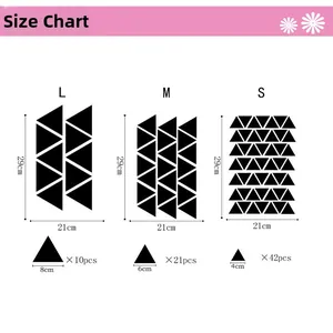 Size chart for geometric triangle wall stickers in L, M, and S variants for kids rooms
