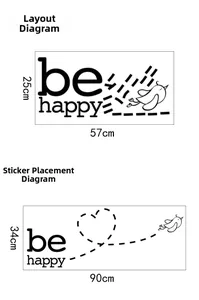 Layout and finished dimensions of 'Be Happy' bird wall sticker with heart trail
