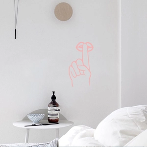 Minimalist pink line wall sticker showing shushing gesture for bedroom decor
