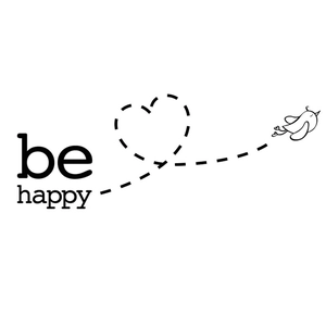 Minimalist black bird flying wall sticker with heart trail and Be Happy typography