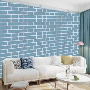 Modern blue brick pattern self-adhesive wallpaper applied in a minimalist living room