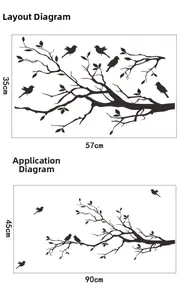Size layout and finished display of black branch bird wall sticker 45x90cm