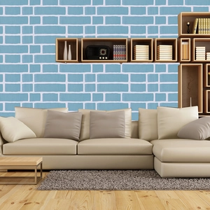 Close-up of light blue brick pattern self-adhesive wallpaper in a modern living room