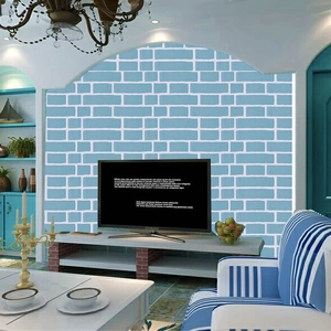 Close-up of light blue brick pattern self-adhesive wallpaper in a modern living room