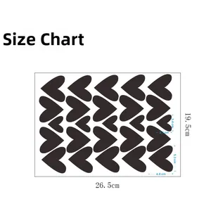 Detailed size chart for Nordic heart wall stickers showing dimensions in centimeters