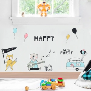 Stickers Muraux Ours Renard Fête Musique PVC Décoration Chambre Enfant Happy Let's Party Thème Style Dessiné à la Main