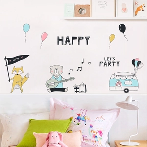 Stickers muraux fête d'animaux avec ours renard ballons pour déco chambre d'enfant