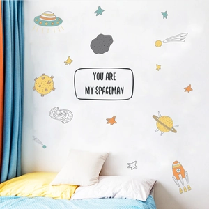 Cartoon space wall stickers set with rockets and planets for kids room decor