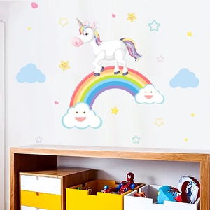 Detail of cartoon unicorn and rainbow wall decals for children's room interior decoration