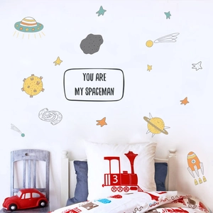 Cartoon space wall decals with UFO and rocket for children bedroom decor and nursery room