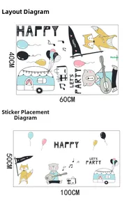 Détail sticker mural ours et renard avec ballons et notes de musique pour enfant