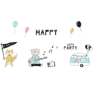 Détail de stickers muraux d'ours et de renard fêtant la musique pour enfants