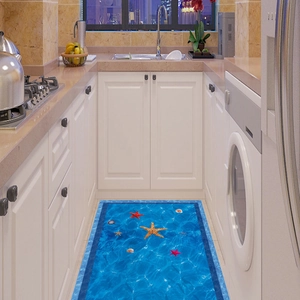 3D ocean corridor runner mat with realistic blue water, starfish and seashell pattern