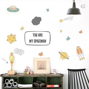 Cartoon space wall stickers featuring rockets and stars for children's room decor