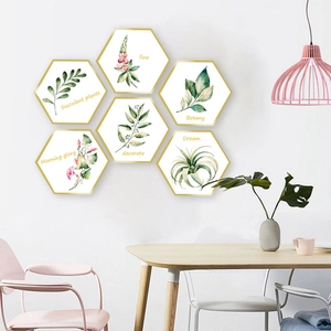 Set of 6 hexagonal Nordic botanical wall stickers with gold frames for home decoration