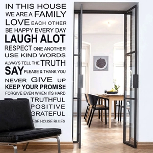 Minimalist 'In This House' rules wall sticker in matte black vinyl for home decor