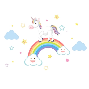 Close-up of a cartoon unicorn on a rainbow with colorful stars and smiling clouds decals