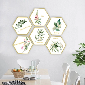 Set of 6 hexagonal Nordic botanical wall stickers with gold frames and plant illustrations