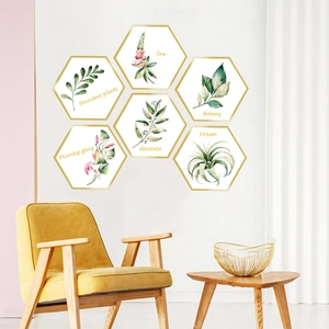 Nordic watercolor botanical hexagonal wall stickers with gold frames set of six