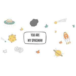 Flat illustration of outer space wall stickers with UFOs and planets on white background