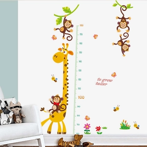Cartoon giraffe and monkey height measurement wall decal for kids room growth tracking